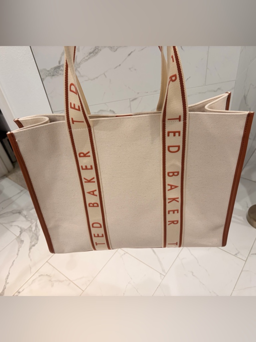 TED BAKER - Sold out!! NWOT. Grande Canvas Tote Bag with Brown Trim and Logo